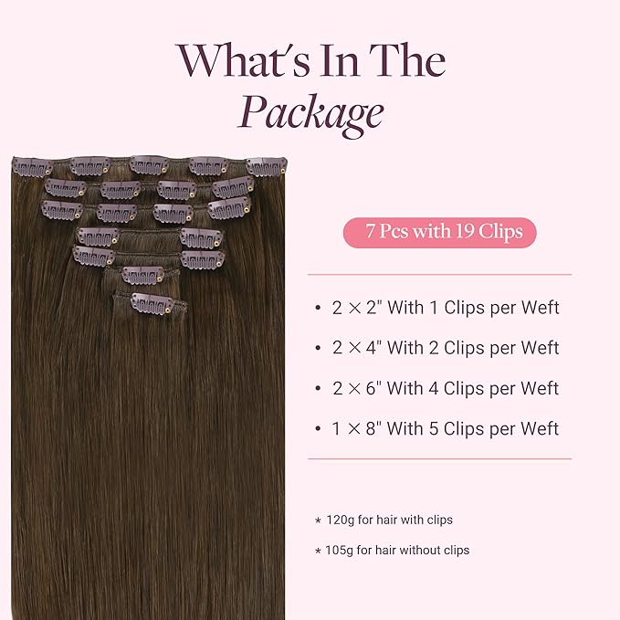 GOO GOO Clip in Hair Extensions Real Human Hair, Remy Human Hair Extensions Clip ins for Women, Natural Human Hair, 16inch 120g 7 Pcs, #4H Light Chocolate Brown