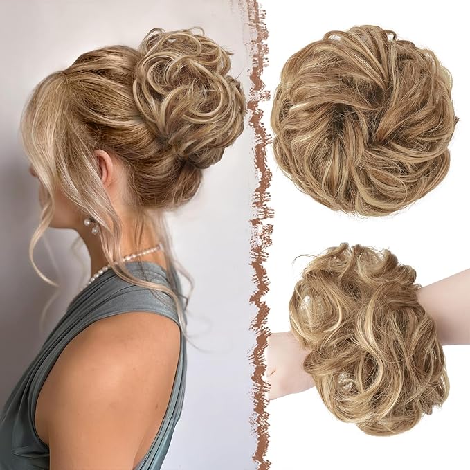 FESHFEN Messy Bun Hair Piece - Large Elastic Wavy Curly Hair Bun Scrunchies Ponytail Extensions Synthetic Chignon Hairpieces for Women, Light Brown & Mixed Blonde 1.94oz