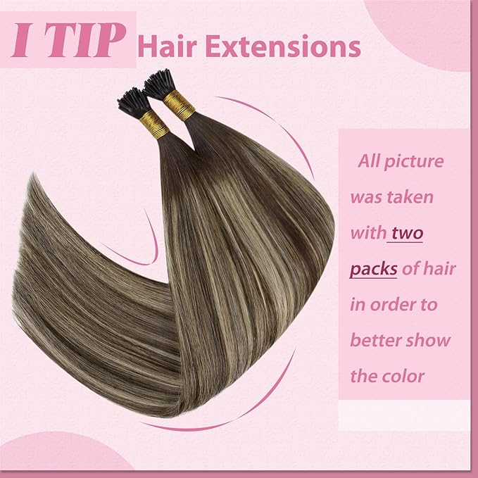 YoungSee I Tips Hair Extensions Balayage Human Hair I Tip Extensions Dark Brown with Ash Blonde Ombre Itip Hair Extensions 24 Inch I-Tip Extension Real Human Hair for Long Hair 50s 50g