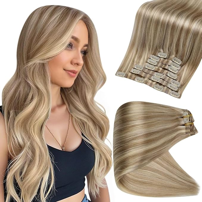 Full Shine Clip in Hair Extensions Real Human Hair Highlights Blonde 22 Inch Remy Human Hair Clip in Extensions Golden Blonde Mix Light Blonde Invisible Real Hair for Women 8 PCS 120 G
