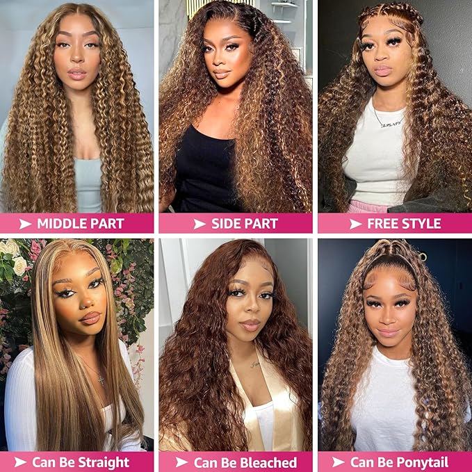 Honey Blonde Deep Wave Lace Front Wigs Human Hair 200 Density 13x6 HD Lace Front Wigs Ombre Human Hair Wig Glueless P4/27 Highlight Wig for Women Pre Plucked with Natural Hairline (32 Inch)