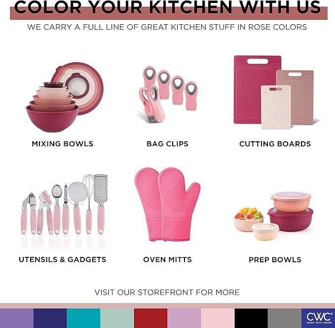 COOK WITH COLOR Mixing Bowls with Lids - 12 Piece Plastic Nesting Bowls Set includes 6 Prep Bowls and 6 Lids, Rhombus Design - Microwave Safe (Rose)
