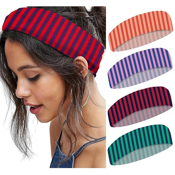 4pcs Striped Headbands for Women Wide Head Bands for Women's Hair Non Slip Wraps Elastic Stretchy Fashion Bandanas Workout Yoga Cute Hair Bands for Women's Hair Accessories