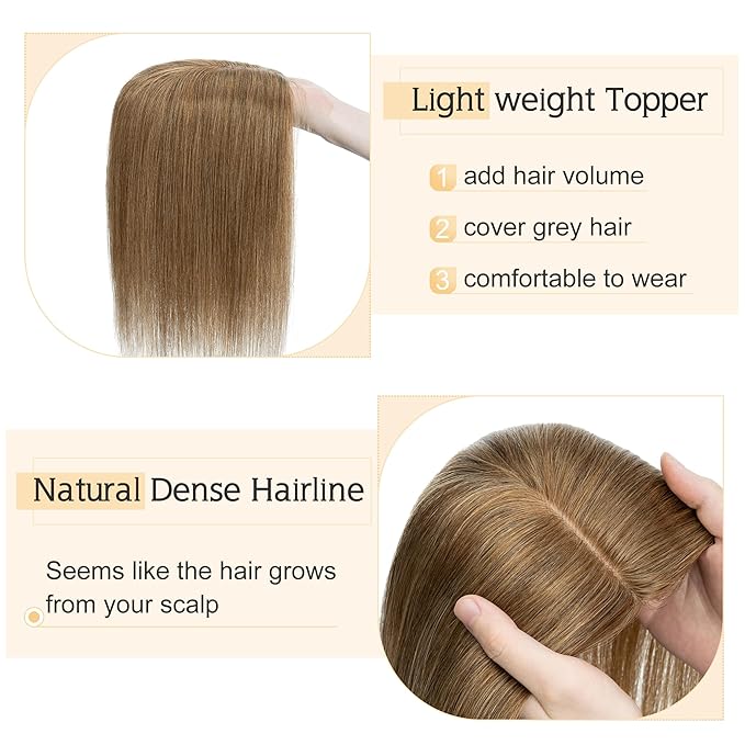 SEGO Human Hair Toppers for Women With Thinning Hair, 7 * 13CM Silk Base 100% Real Human Hair Clip in Top Wiglet Hairpieces -18 Inch No Bangs Light Brown
