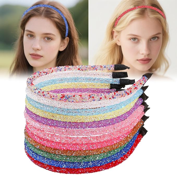 XIMA Crystal Glitter Headbands for Women and Girls, Multi-Color Fashion Hair Accessories, Non-Slip Design Pack of 12