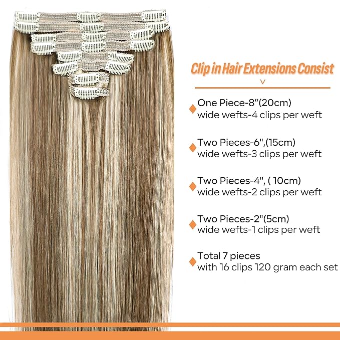 Straight Clip In Hair Extensions Real Human Hair 8Pcs Clip In Balayage Chestnut Brown Highlight Blonde Human Hair Extensions with 18Clips Lace Weft 120g 14inch