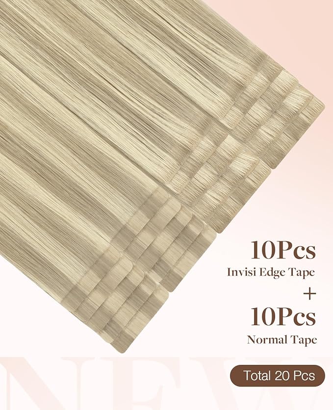 GOO GOO Invisi Edge Tape in Hair Extensions Human Hair, 17A/60A Ash Blonde Highlighted Platinum Blonde 10pcs injected with 10pcs classical tape ins, 16inch 50g, Virgin Remy Hair, Natural Look