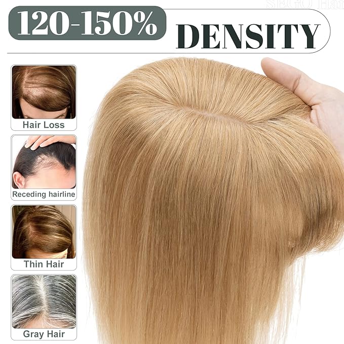 SEGO Hair Toppers for Women Real Human Hair with Thinning Hair, Toppers Hair Pieces Clip in Toppers Straight Hair Pieces with Front Bangs 150% Density Silk Base -6 Inch #27 Dark Blonde