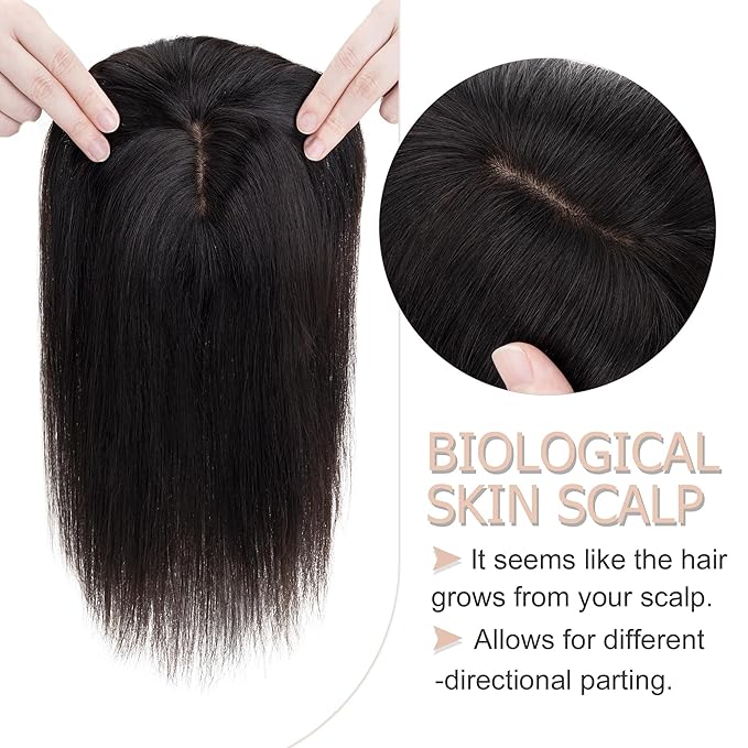 Hair Toppers for Women Real Human Hair With Bangs, 13 * 15 cm Larger Silk Base 150% Density Clip In Topper Hairpieces, Wiglet Top Pieces Add Volume -12 Inch 01B Natural Black