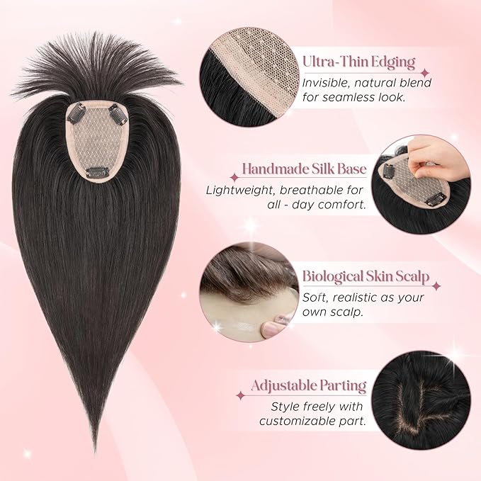 Real Human Hair Toppers for Women 3.54"*4.72" Silky Base 150% Density With Bangs Adjustable Parting Clip-In Topper Hairpieces for Women with Thinning Hair 12 Inches Natural Black