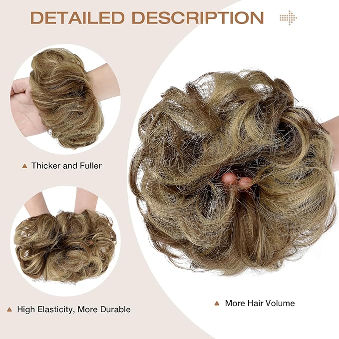 Messy Bun Hair Piece Wavy Curly Scrunchies Fluffy Donut Thick Updo Elegant Chignon Hairpieces for Women Girls, Light Brown Mix Ash Blonde 1.4oz