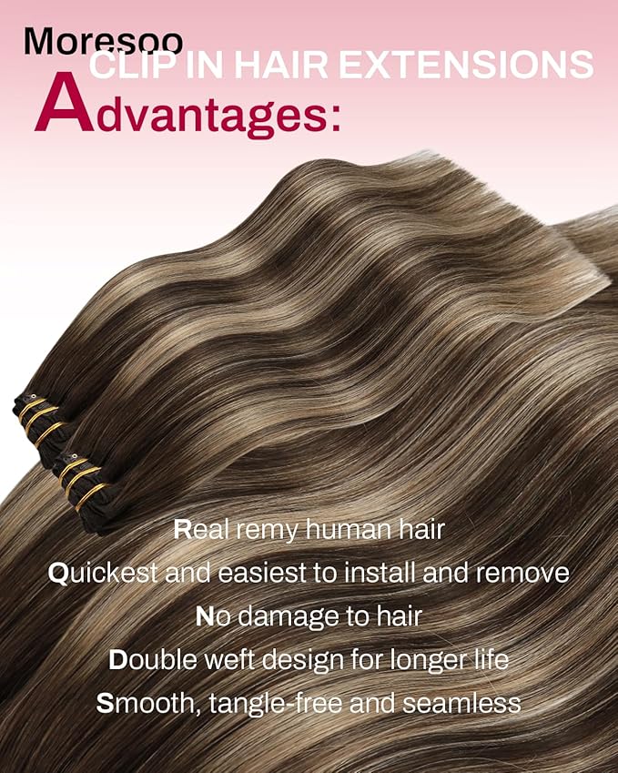 Moresoo Human Hair Clip in Extensions Ombre Dark Brown to Caramel Blonde Hair Extensions Real Human Hair Clip ins Brown to Blonde Balayage for Women Long 120g/7pcs 24 inch