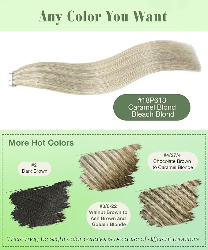 SURNEL Tape in Hair Extensions Ash Blonde Highlight Bleach Blonde Tape in Human Hair Extensions 16 inch 20pcs 50g(#18P613-16)