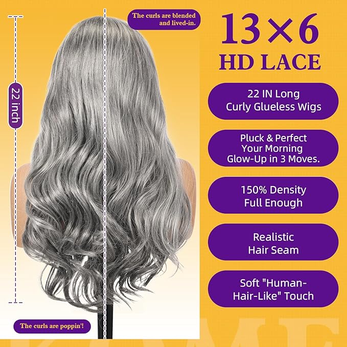 Grey Synthetic Lace Front Wig,13×6 Curly Glueless Wigs for Women Daily Use 22IN（#2/60HL）