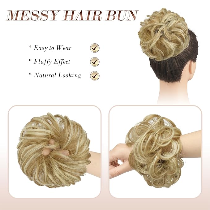 FESHFEN Messy Bun Hair Piece - Large Elastic Wavy Curly Hair Bun Scrunchies Ponytail Extensions Synthetic Chignon Hairpieces for Women, Light Ash Brown & Bleach Blonde 1.94oz