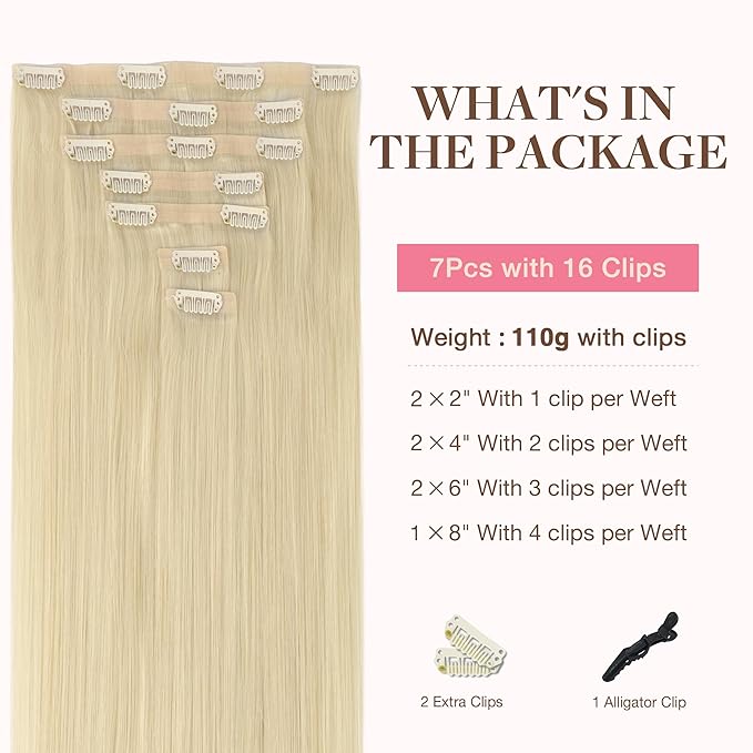 GOO GOO Clip in Hair Extensions Real Human Hair, Remy Human Hair Extensions Clip ins for Women, Natural Human Hair, 16inch 110g 7Pcs, 60A Platinum Blonde