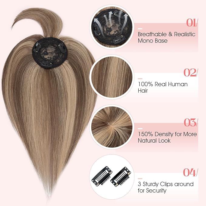 Hairro Mono Hair Toppers with Bangs, 3.4" x 3.4" Mono Base 100% Real Human Hairpieces for Women, 150% Density Clips In Topper for Greyish Thinning Hair, 12 Inch Medium Brown Mix Dark Blonde
