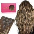 WENNALIFE Seamless Clip In Hair Extensions, 14 Inch 7pcs 130g Balayage Chocolate Brown to Honey Blonde Hair Extensions Clip In Invisible PU Skin Weft Real Human Hair Extensions Clip In