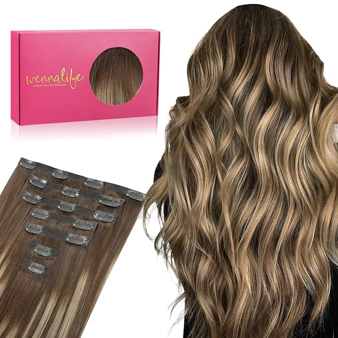 WENNALIFE Seamless Clip In Hair Extensions, 18 Inch 7pcs 130g Balayage Chocolate Brown to Honey Blonde, PU Skin Weft Real Human Hair Extensions