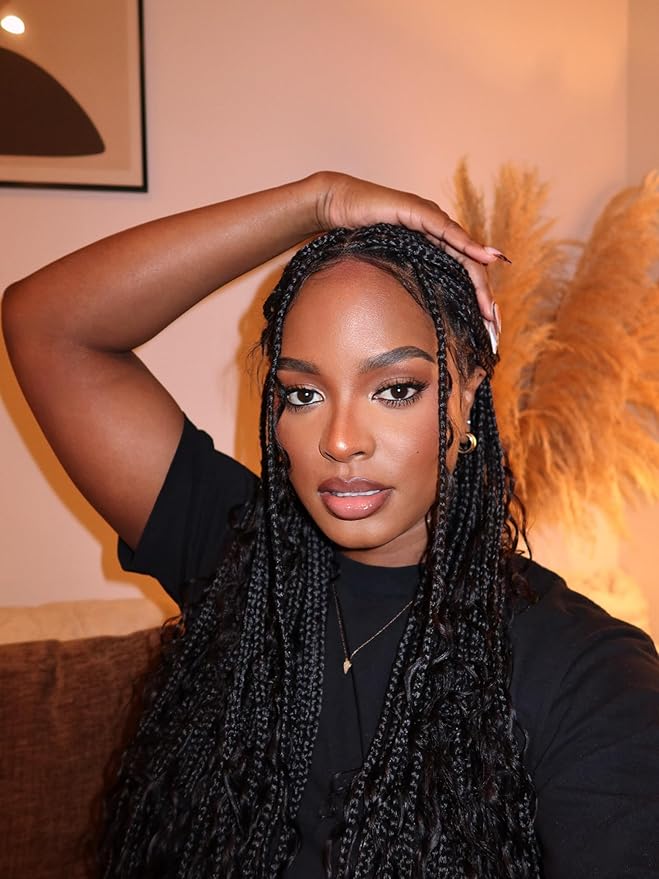 Human Hair Boho Curls Hand-Tied HD Full Lace Wig - 36" Salon-Level Small Box Synthetic Braids (79 Braids, Medium Density) Pre-Cut Swiss HD Lace, Pre-Plucked, Knotless, Tangle-Free - Black 1B