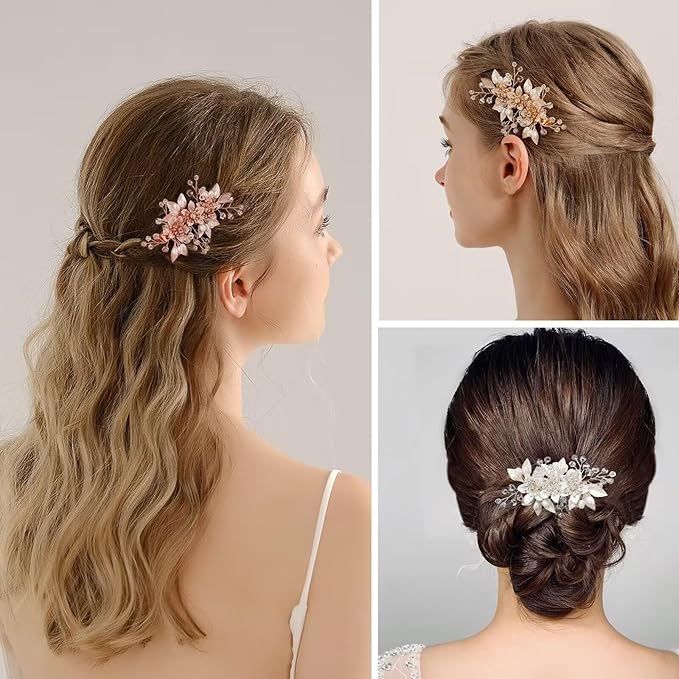Floral Crystal Pearl Alligator Hair Clip and Rhinestone Bobby Pins, Elegant Hair Accessories for Bridal Women in Wedding or Prom, Set of 3 (Gold)