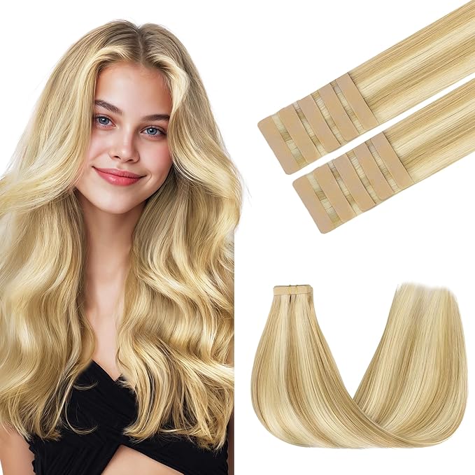 GOO GOO Tape in Hair Extensions Human Hair, 18D/22F Dirty Blonde Highlights, 22inch 30g 10pcs, Skin Weft Seamless Invisible, Silky Straight with Thick Ends, Remy Human Hair