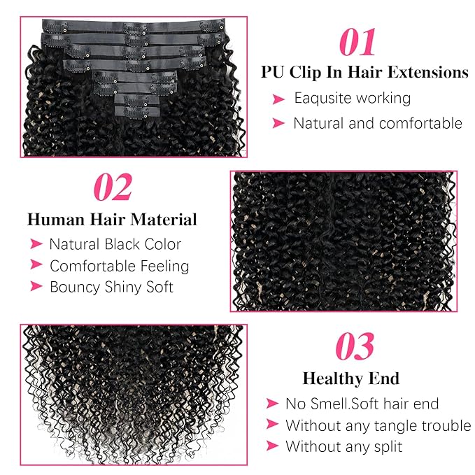 18 Inches Seamless Kinky Curly Clip in Hair Extensions Real Human Hair #1B Natural Color Brazilian Virgin 3c 4a Curly Clip ins Human Hair Extensions