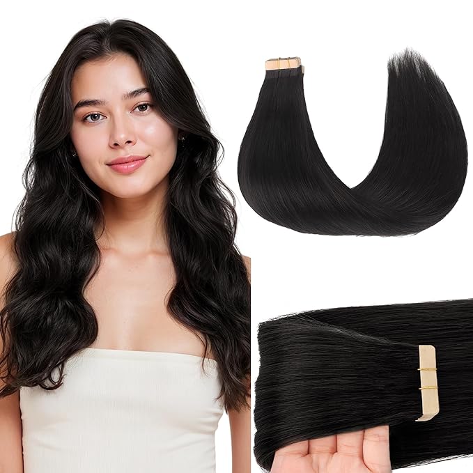 GOO GOO Tape in Hair Extensions Human Hair, 1B Natural black, 18inch 50g 20pcs, Skin Weft Seamless Invisible, Silky Straight with Thick Ends, Remy Human Hair