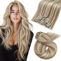 Moresoo Clip in Hair Extensions Brown Blonde Clip on Extensions Human Hair Medium Golden Brown with Platinum Blonde to Add Highlights for Women Long And Straight 120g/7pcs Double Weft 22in