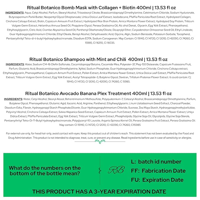 Ritual Botánico Keratina Orgánica | Treatment to Straighten, Repair and Relax Hair | All Natural, Organic & Vegan Ingredients | Product of Colombia (3 Piece Kit-Caspa Shampoo)