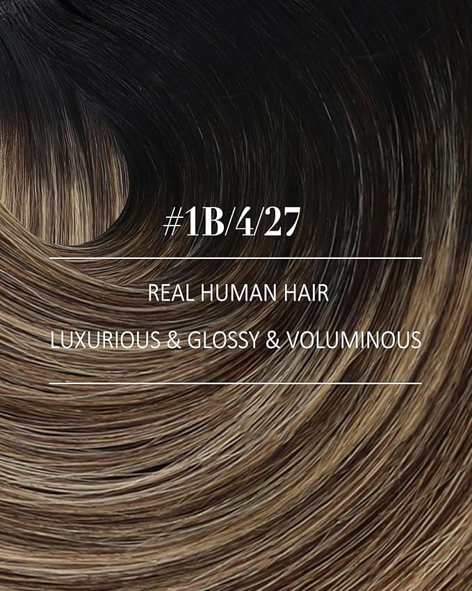 YoungSee Clip in Human Hair Extensions Black Ombre Human Hair Clip in Extensions Balayage Black to Blonde with Brown Hair Extensions Real Human Hair Clip ins Easy to Wear 120G 7Pcs 14Inch