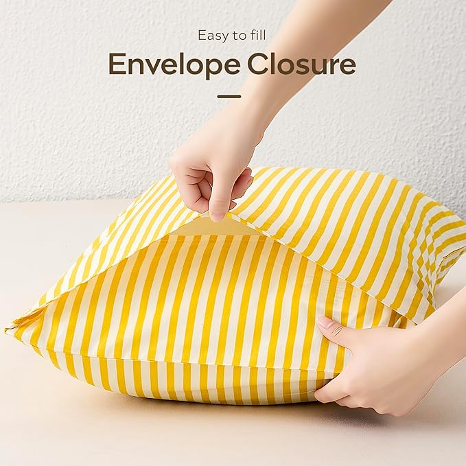 JELLYMONI 100% Natural Cotton Striped King Pillowcases Set, 2 Pack Bright Yellow Stripes Pattern Printed Pillow Covers with Envelope Closure(Pillows are not Included)