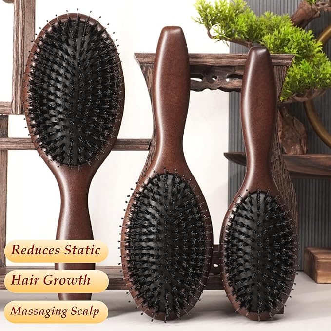 Lindale Boar Bristle Hair Brush for Women Men, Natural Black Zelkova Wooden Bristles Detangler Paddle Hairbrush for Hair Growth Beard, Reduces Static for Curly Hair with Ergonomic Handle