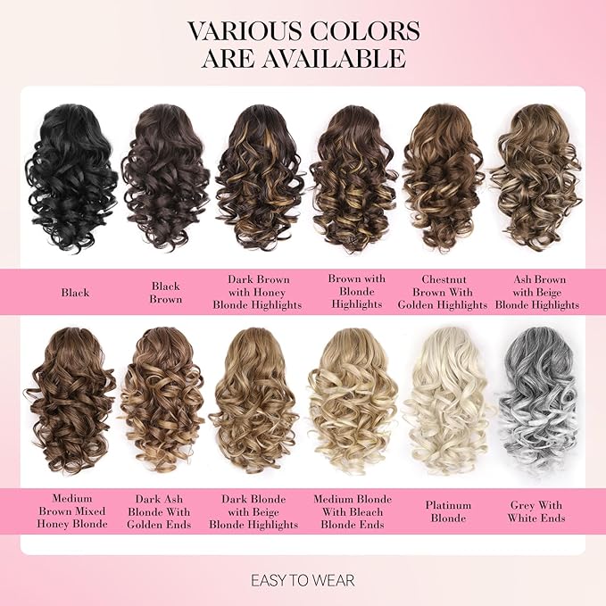 Clip on Ponytails for Women - 12 Inch Curly Ponytail Extension, Wavy Pony Tails Hair Extensions, Synthetic Hair Extensions Ponytail, Clip in Ponytail (Color: Ash Brown with Beige Blonde Highlights)