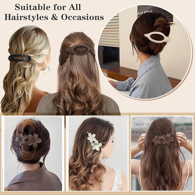 6 PCS Flat Hair Clips, French Lay Flat Claw Clips for Women Girls, 3 Styles Strong Hold Non-slip Matte Hair Claws for Thin Thick Hair(Brown&Grey)