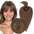 MY-LADY Human Hair Toppers for Women Real Human Hair with Bangs Thin 8.5 * 8.5CM Mono Base Clip in Remy Hairpieces Light Weight 10 Inch Medium Brown