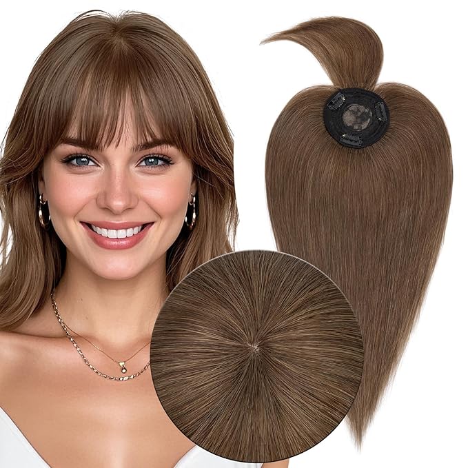 MY-LADY Human Hair Toppers for Women Real Human Hair with Bangs Thin 8.5 * 8.5CM Mono Base Clip in Remy Hairpieces Light Weight 10 Inch Medium Brown