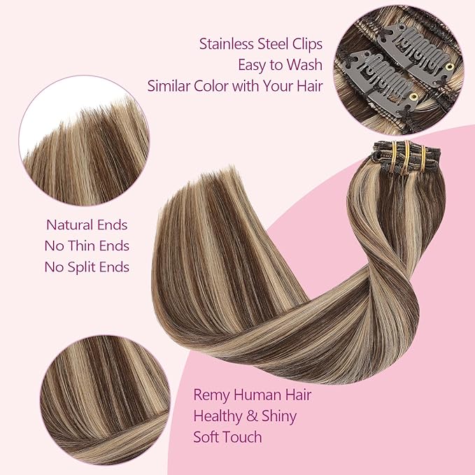 PINKPEARL Clip in Hair Extensions Human Hair 16inch 120g 7pcs Remy Human Hair Extensions Clip in #4P27 Chocolate Brown Highlighted Caramel Blonde Clip Hair Natural Human Hair(#4P27-16)
