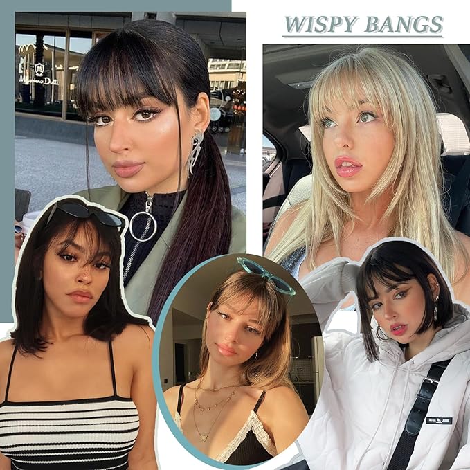 Clip in Bangs Real Human Hair Brown Black Wispy Bangs Fake Bangs with Fringe Clip on Bangs Curved Bangs Hairpieces for Women Daily Wear