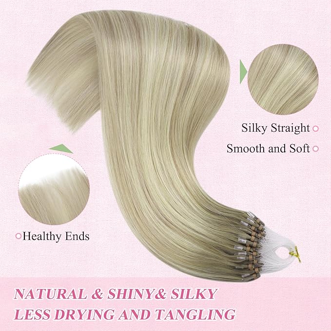 YoungSee Micro Loop Hair Extensions Human Hair Ombre Micro Bead Hair Extensions Real Human Hair Ash Blonde Ombre Microbeads Hair Extension 24 Inch Balayage Bead Hair Extension for Long Hair 50s/50g