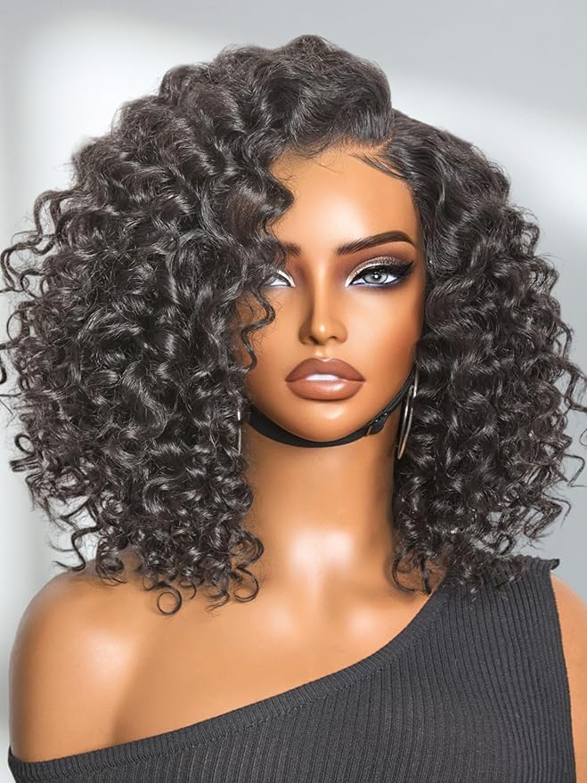 LUVME HAIR 100% Human Hair Wigs Curly Deep Wave Glueless Lace Front 14 Inches, Pre Cut Plucked Hd Lace Short Wig Ready To Go Natural Color Straight Bleached Knots Side Part Black Wigs