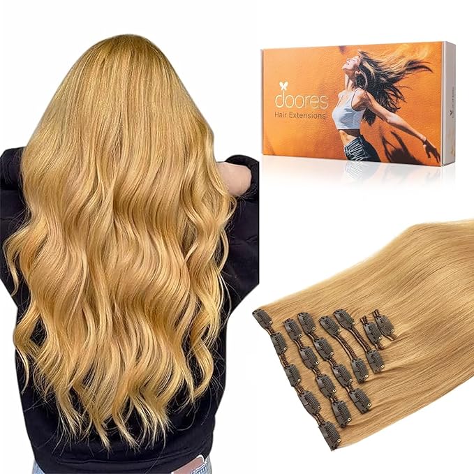 DOORES Real Human Hair Extensions, Honey Blonde 24 Inch 7pcs 120g, Clip in Remy Hair Extensions - Thick, Silky, Straight