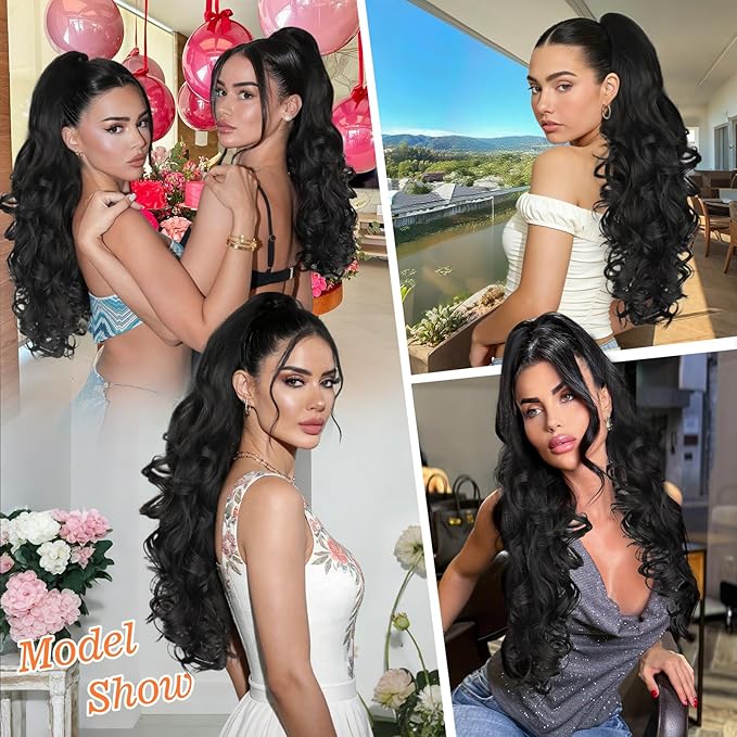 ALXNAN Ponytail Extension,24 Inch Claw Clip in Long Curly Wavy Black Ponytail Hair Extension Jaw Clip on Pony Tails Hairpiece for Women