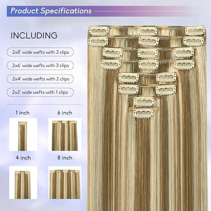Blonde Clip in Hair Extensions Real Human Hair, 20 Inch 105g Natural Human Hair, Remy Human Hair Extensions Cip ins for Women 8pcs Per Set #16/22 Light Blonde Highlighted Golden Blonde