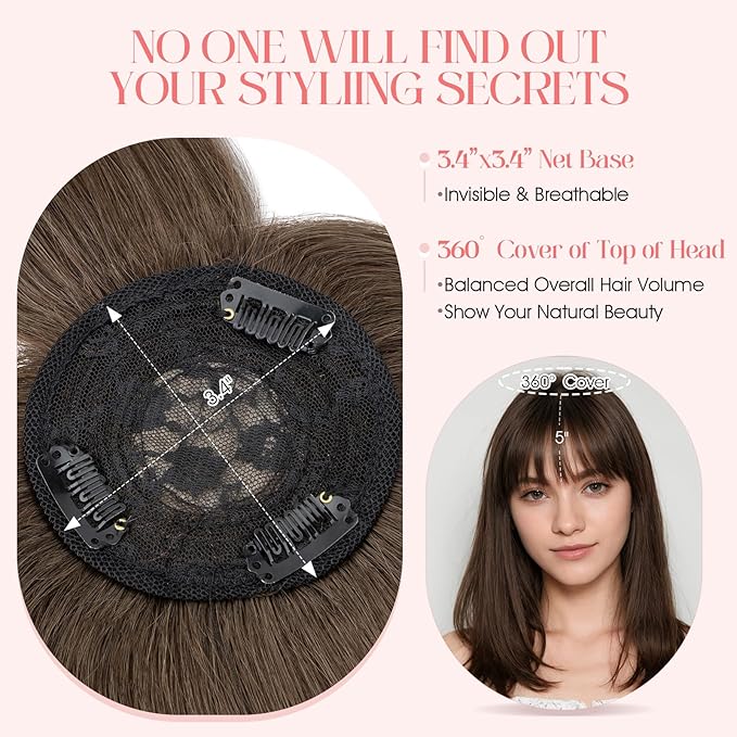 Hairro Mono Hair Toppers with Bangs, 3.4" x 3.4" Mono Base 100% Real Human Hairpieces for Women, 150% Density Clips In Topper for Greyish Thinning Hair, 18 Inch Cocoa Brown