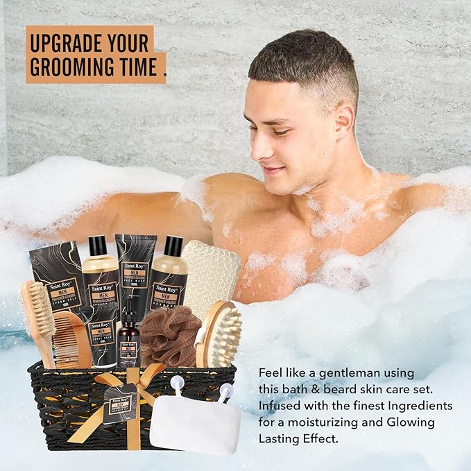 Fathers Day Christmas gift for Men Dad Bath Perfume Gift Set, 14 Pcs Spa Basket with Classic Perfume kit, Personal Self Care Shaving Kit Relax Included Scubber, Beard Oil, Bath Pillow, Valentines Day