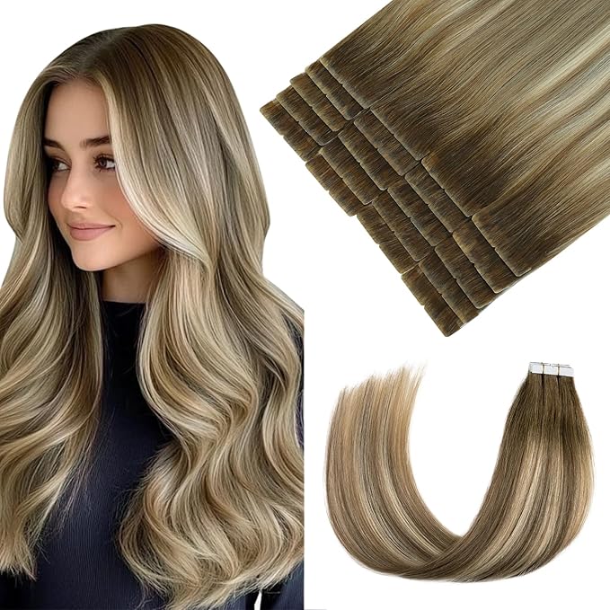 Pinkpearl Invisible Tape in Hair Extensions Human Hair, 20pcs 16inch 45g #3/8/22 Balayage Walnut Brown to Ash Brown and Golden Blonde Injection Tape in Extensions Real Remy Human Hair Injected