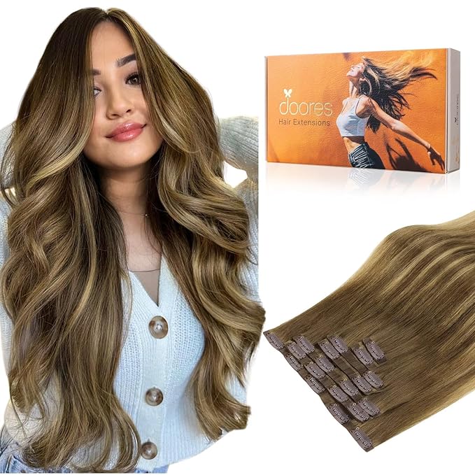 DOORES Seamless Clip in Hair Extensions Real Human Hair, Medium Brown Highlighted Dirty Blonde 18 Inch 110g 7pcs, Human Hair Extensions Skin Weft Remy Straight Hair Invisible Edge Hair Extensions