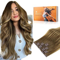 DOORES Seamless Clip in Hair Extensions, Medium Brown Highlighted Dirty Blonde 16 Inch 130g 7pcs, Human Hair Extensions Invisible PU Weft Remy Hair Natural Hair Straight Invisi Edge Hair Extensions