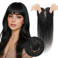 Real Human Hair Toppers for Women 3.54"*4.72" Silky Base 150% Density With Bangs Adjustable Parting Clip-In Topper Hairpieces for Women with Thinning Hair 16 Inches Dark Black